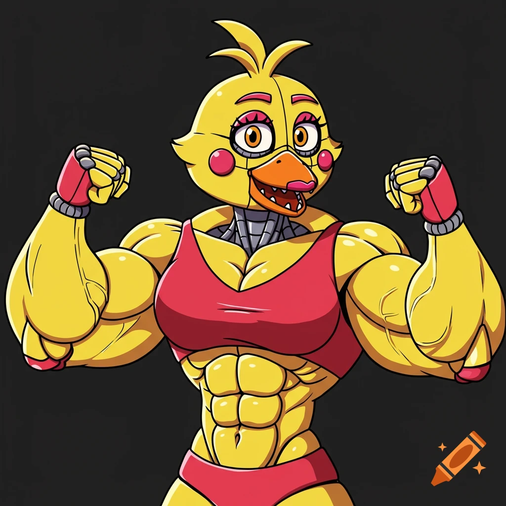 A muscular yellow Funtime Chica from Five Nights at Freddy's, flexing her biceps in a red sports bra and underwear.