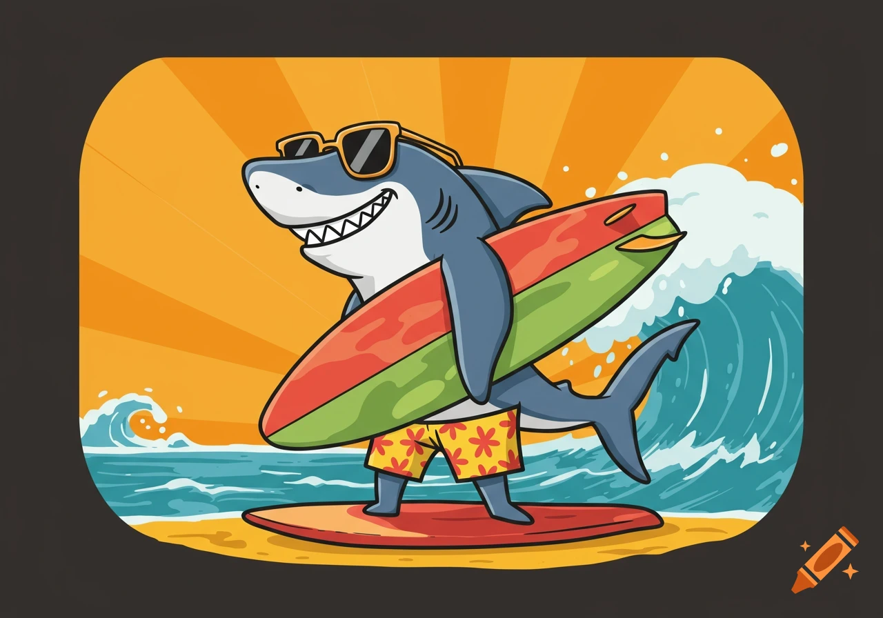 A cartoon shark with sunglasses and board shorts, holding a surfboard on a beach with waves and a sunset.
