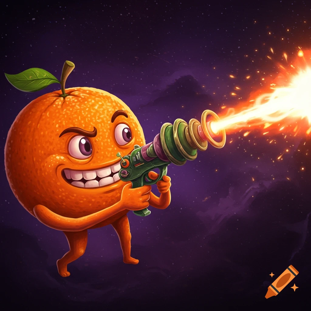 A cartoon orange fruit character with a menacing smile shoots a laser gun into a starry dark sky.