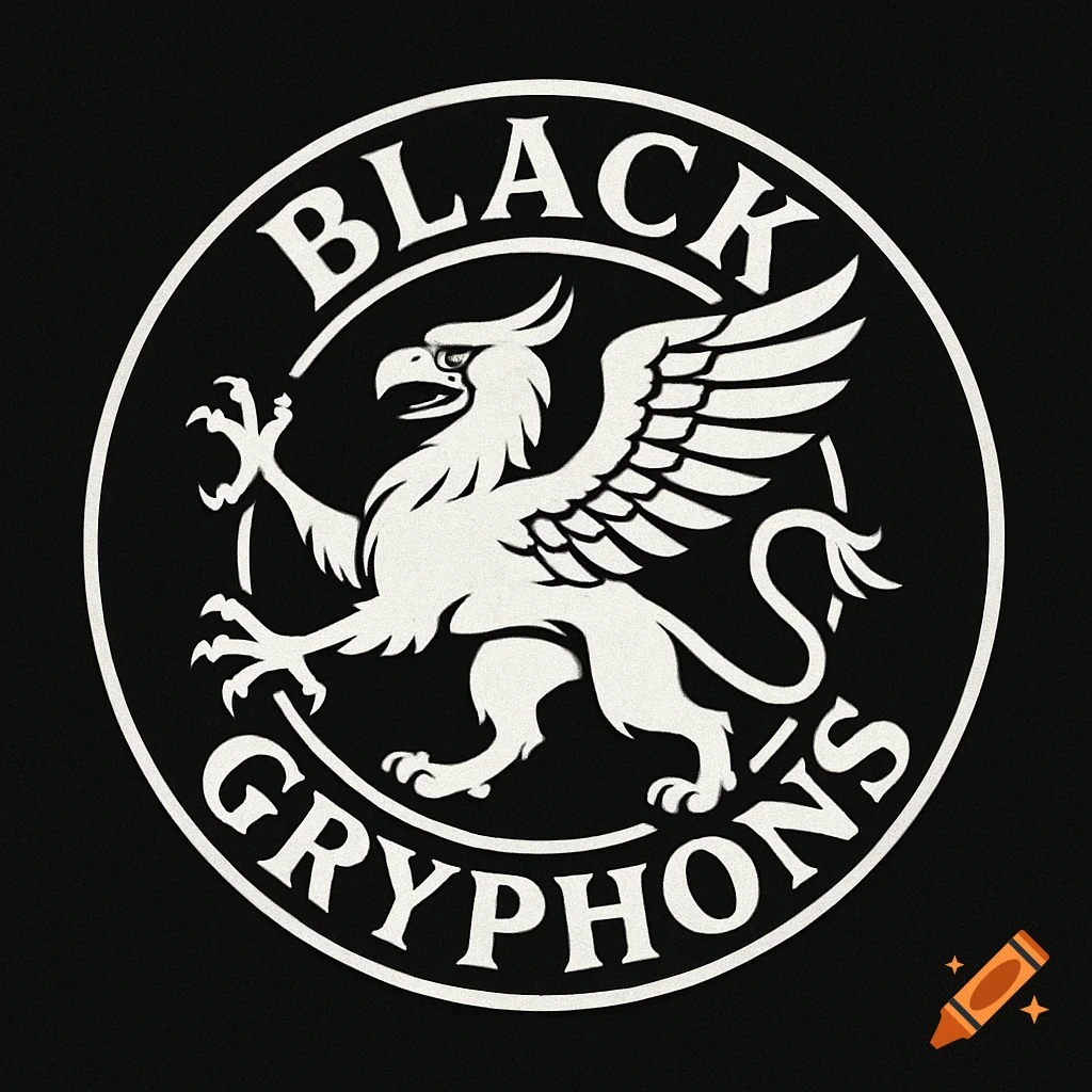White gryphon in a circular black logo with 'BLACK GRYPHONS' text.