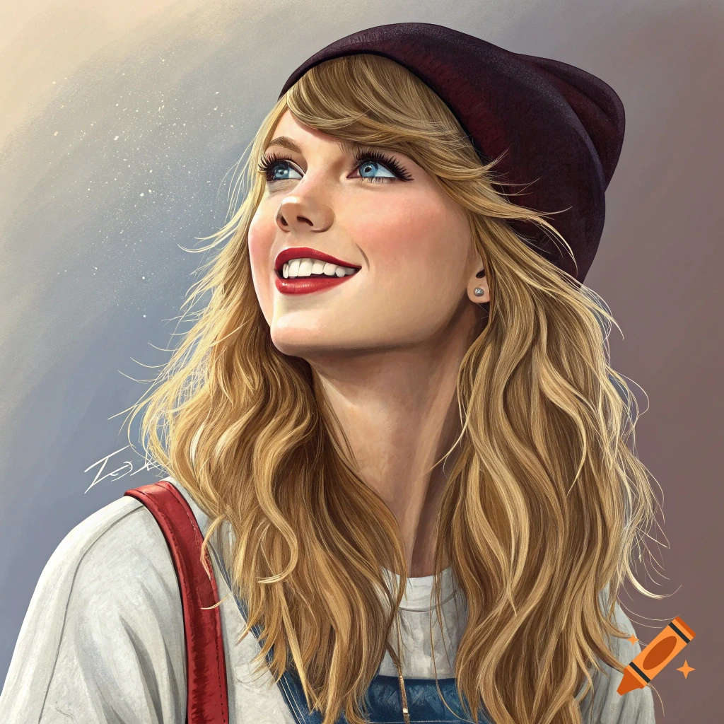 Digital painting of a smiling young woman with blonde hair and blue eyes, wearing a beanie and overalls, looking up.