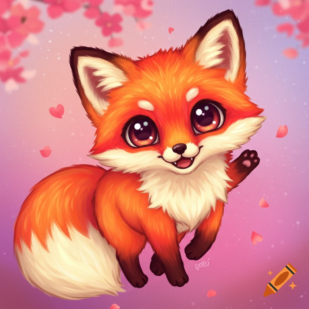 A cute, orange-and-white chibi fox with big eyes waves, surrounded by pink cherry blossoms and hearts.