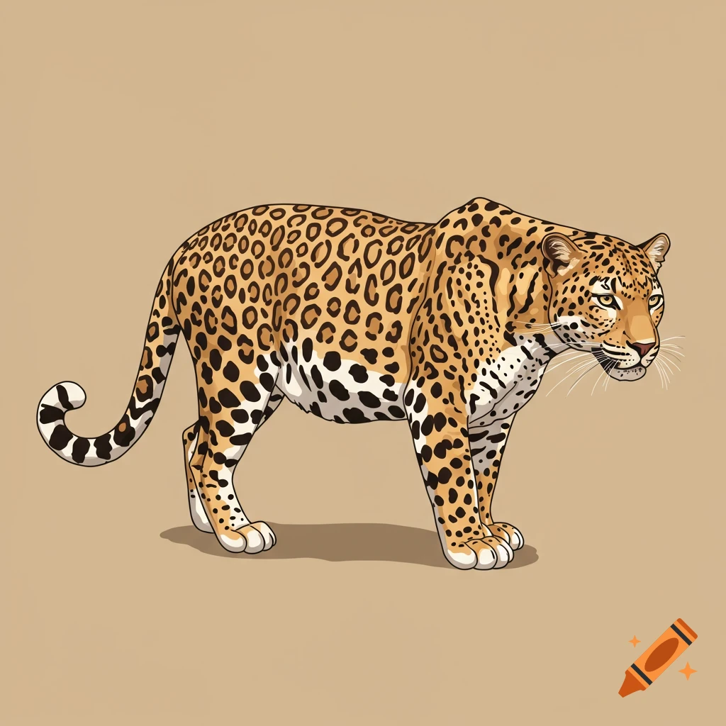A stylized illustration of a spotted leopard with a champagne coat and light underbelly stands on a beige background.