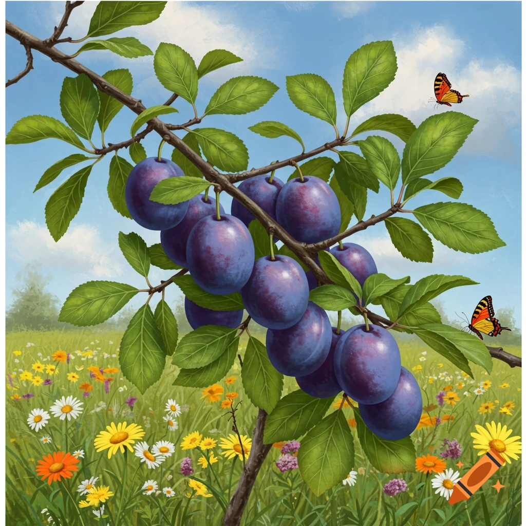 Ripe purple plums on a tree branch with green leaves, set against a blue sky and a field of colorful wildflowers with two butterflies.