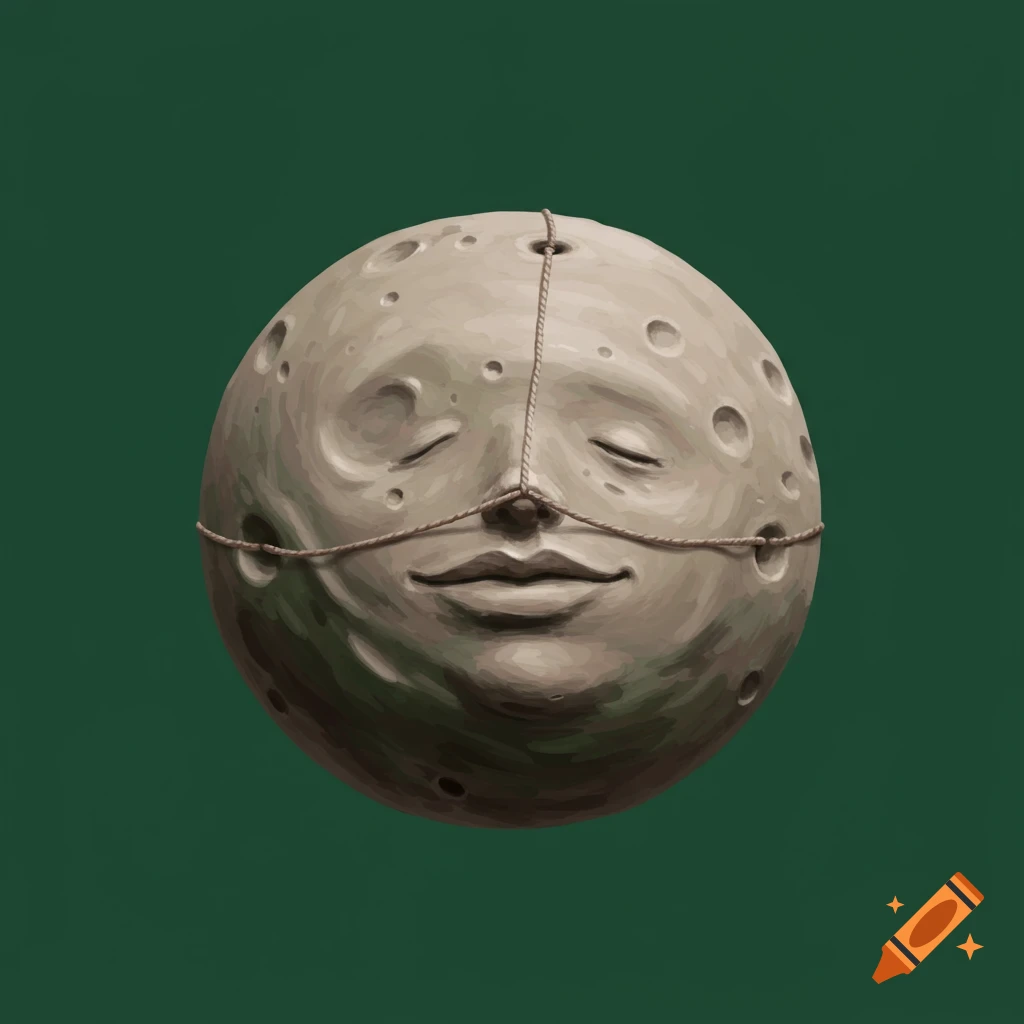 A stylized moon with a serene human-like face and closed eyes, made of textured clay, with thin ropes tied around its face and head, against a solid dark green background.