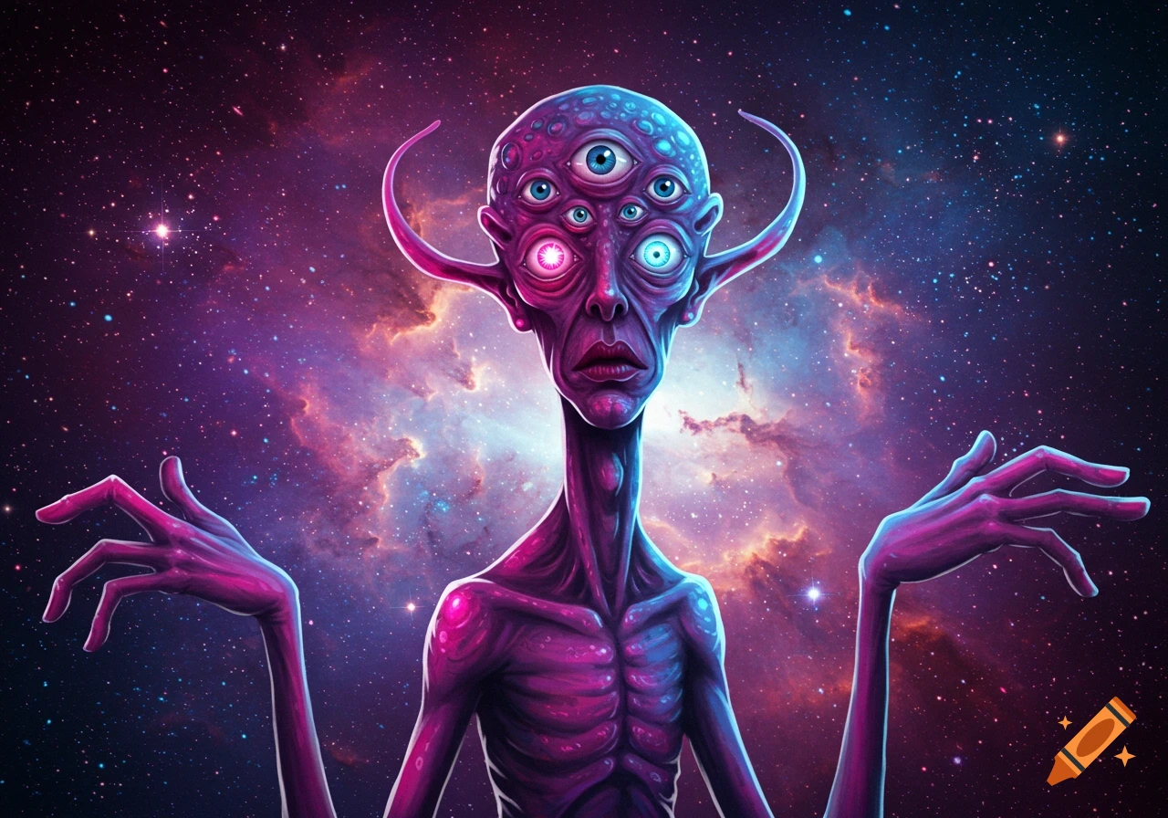 A purple and blue alien with multiple eyes and long arms against a vibrant cosmic background.