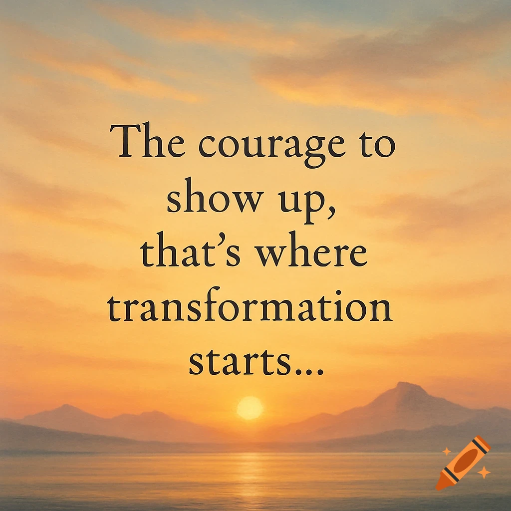 A motivational quote 'The courage to show up, that's where transformation starts...' overlaid on a serene sunset landscape over water with mountains.