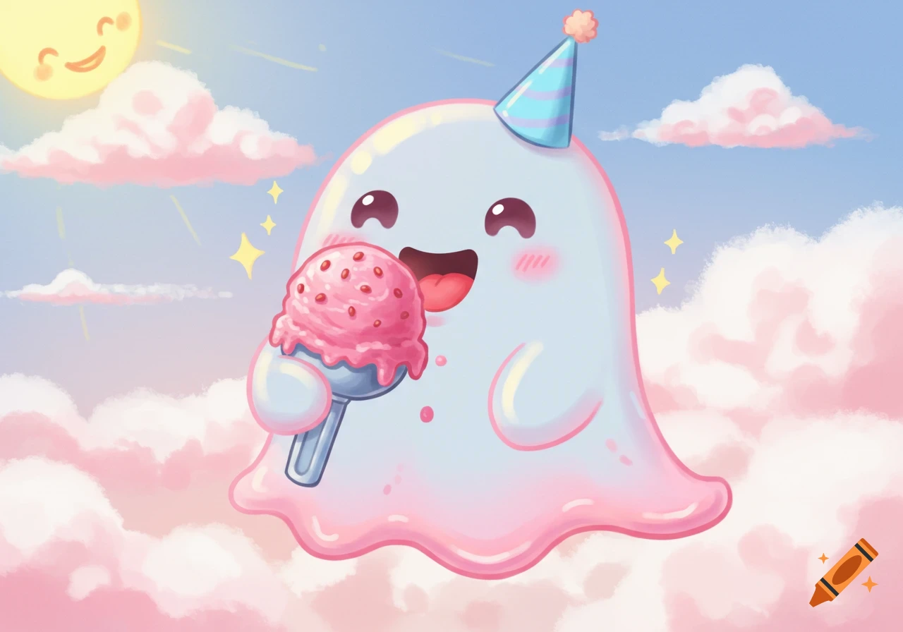 A cute cartoon ghost in a party hat eats pink ice cream in a whimsical sky with pink clouds and a smiling sun.