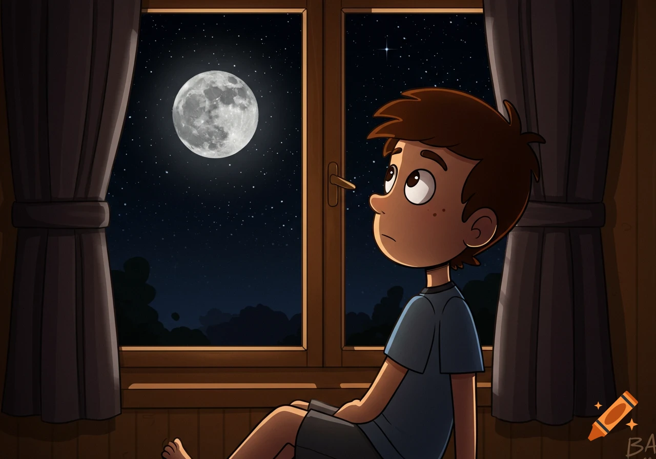 A cartoon boy sits by a window, looking up at the large full moon in the night sky.