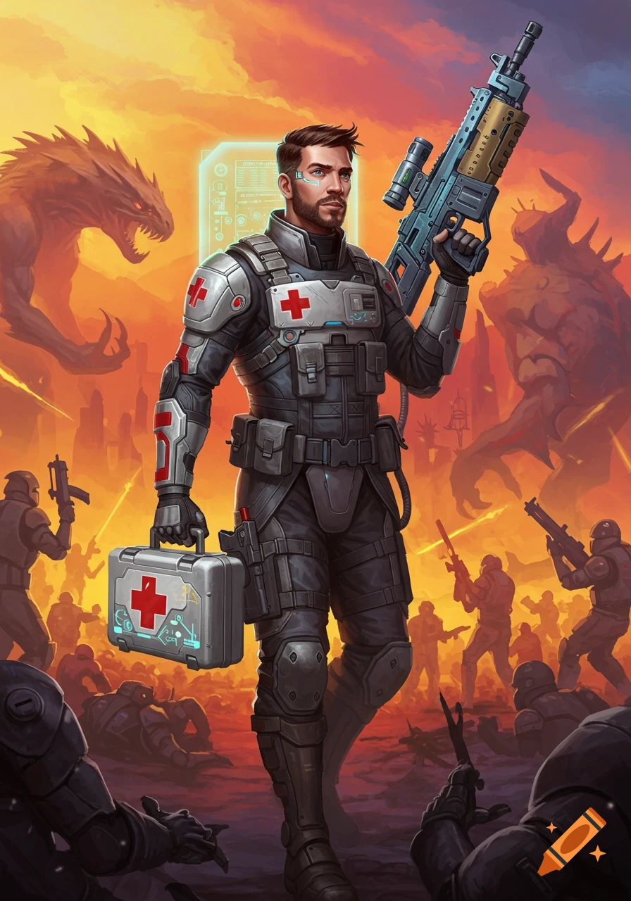 A stoic male combat medic in futuristic armor, holding a rifle and a medical kit, stands amid a battle against large monsters under an orange sky.