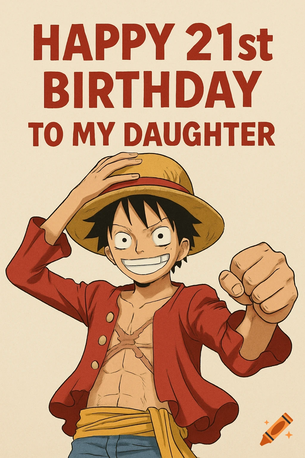 Anime style birthday card featuring One Piece's Luffy, smiling and wearing a straw hat, with text 'Happy 21st Birthday to My Daughter'.