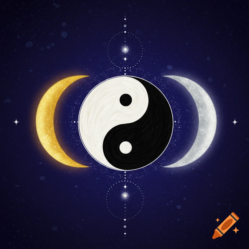 Yin and Yang symbol centered between a golden crescent moon and a silver crescent moon against a dark blue starry sky with stars and subtle geometric patterns.