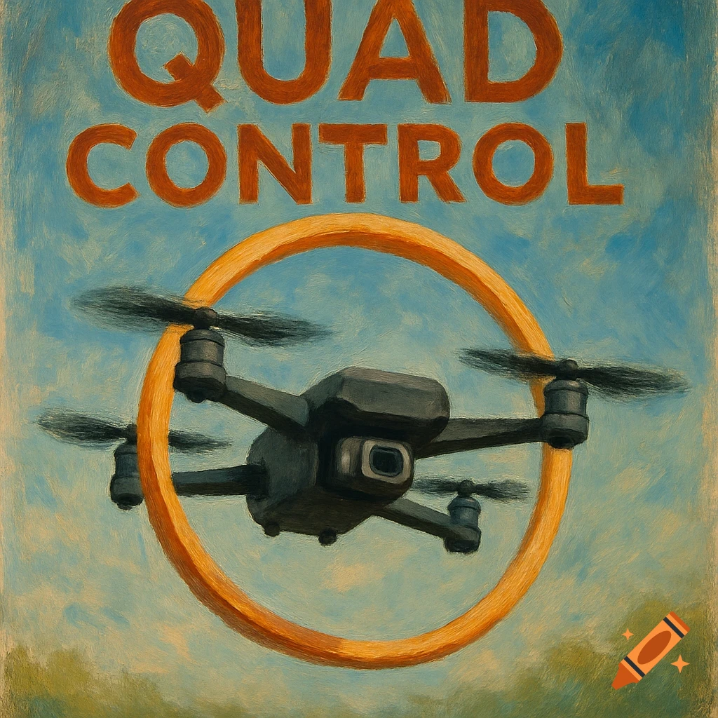 A painted poster of a dark grey quadcopter drone flying through an orange hoop, with 'QUAD CONTROL' text above it.
