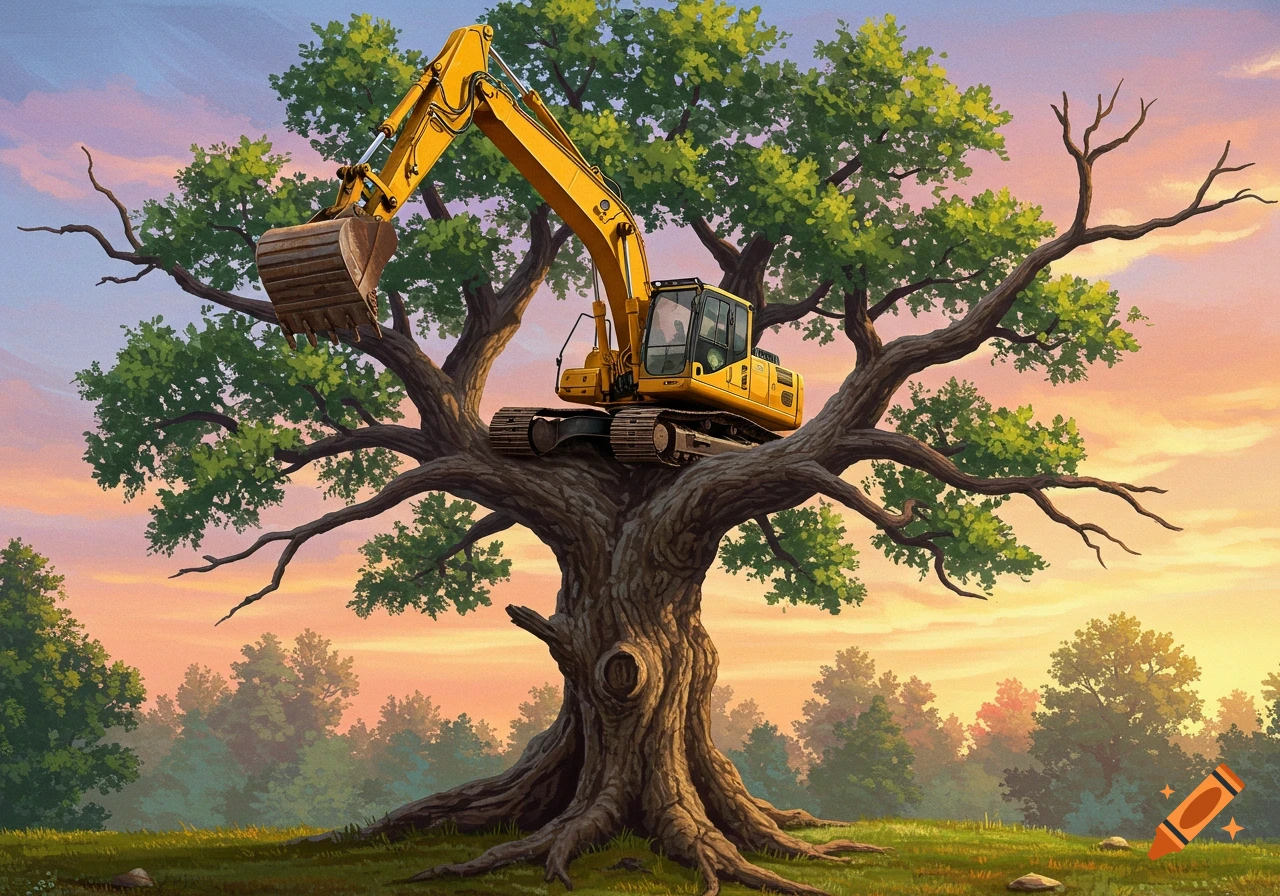 A bright yellow excavator rests on the thick branches of a large oak tree in a grassy field under a pastel sunset sky.