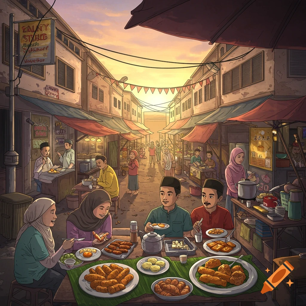 Stylized illustration of people eating at a bustling street market at sunset, with food stalls and buildings lining the street.