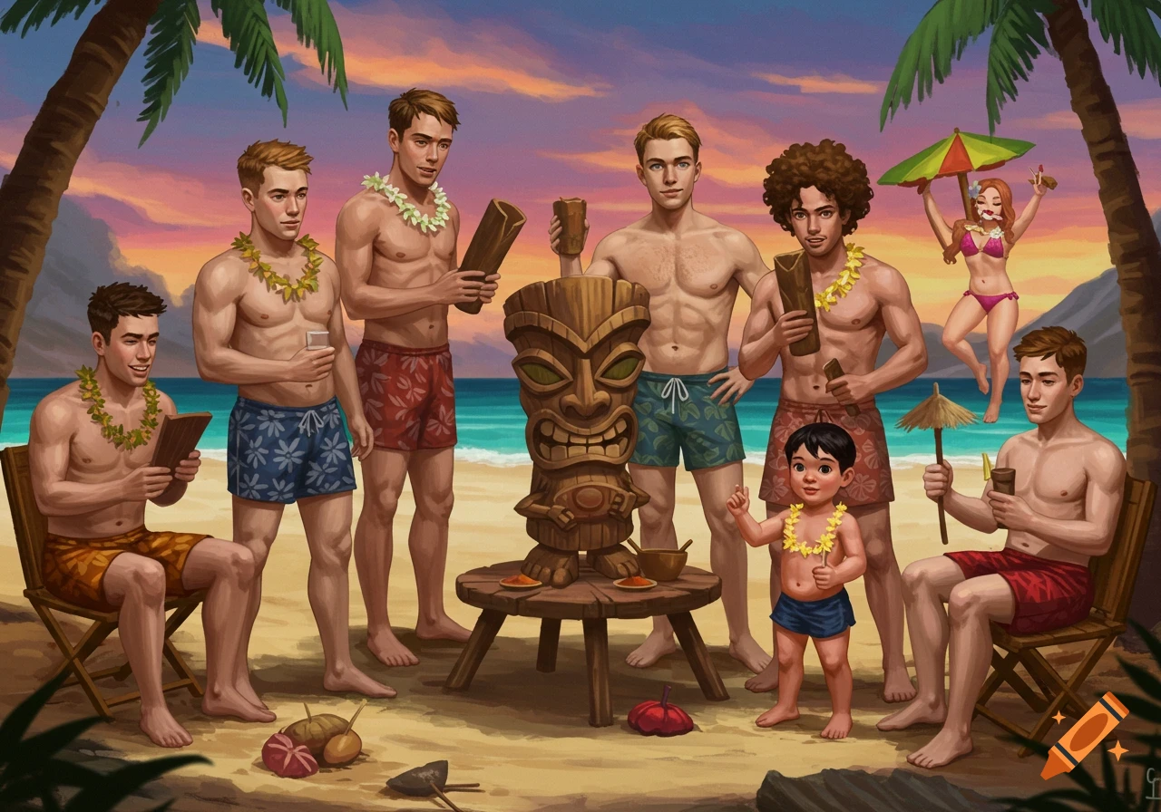 Illustration of a lively tiki beach party at sunset, with men, a woman, and a child gathered around a tiki totem pole.