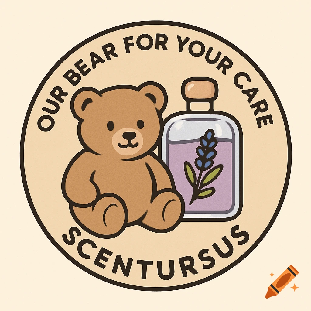 A circular cartoon logo featuring a brown teddy bear next to a bottle of lavender perfume, with text 'OUR BEAR FOR YOUR CARE SCENTURSUS'.