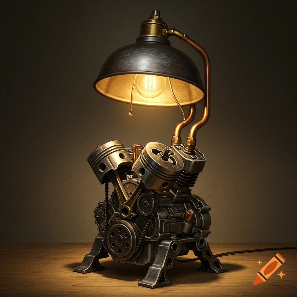 A photorealistic industrial-style lamp made from engine parts, including pistons and gears, sits on a wooden surface.