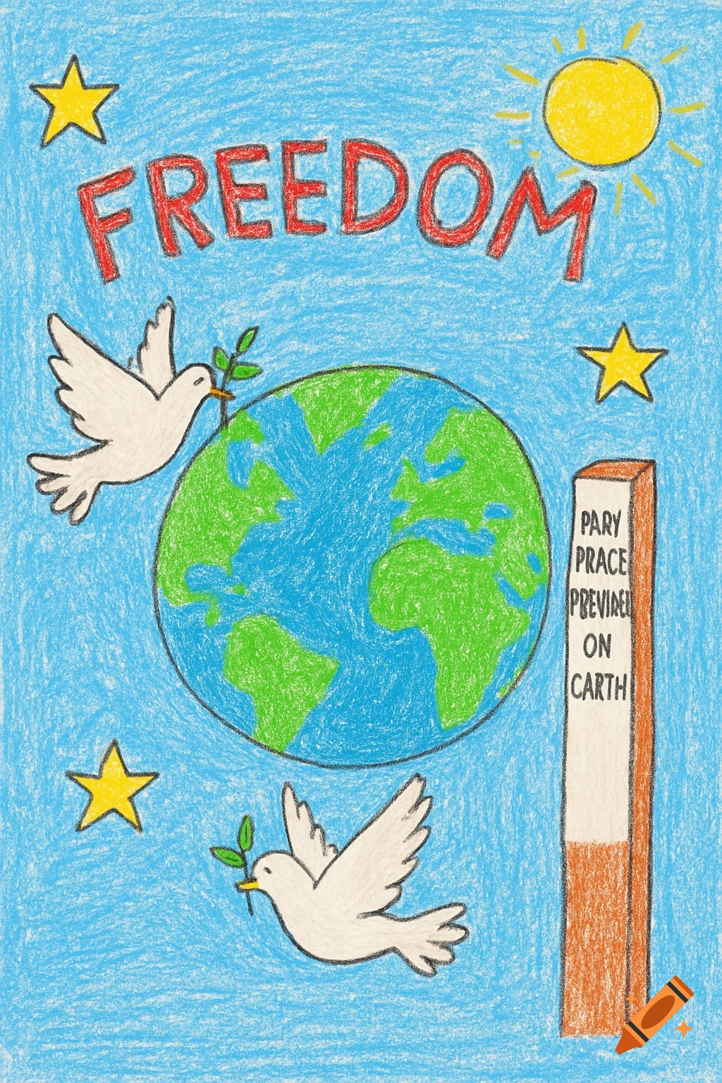 A crayon-style drawing of Earth, two white doves with olive branches, yellow stars, and a sun. The word "FREEDOM" is written above the globe, and garbled text is on a brown pillar.