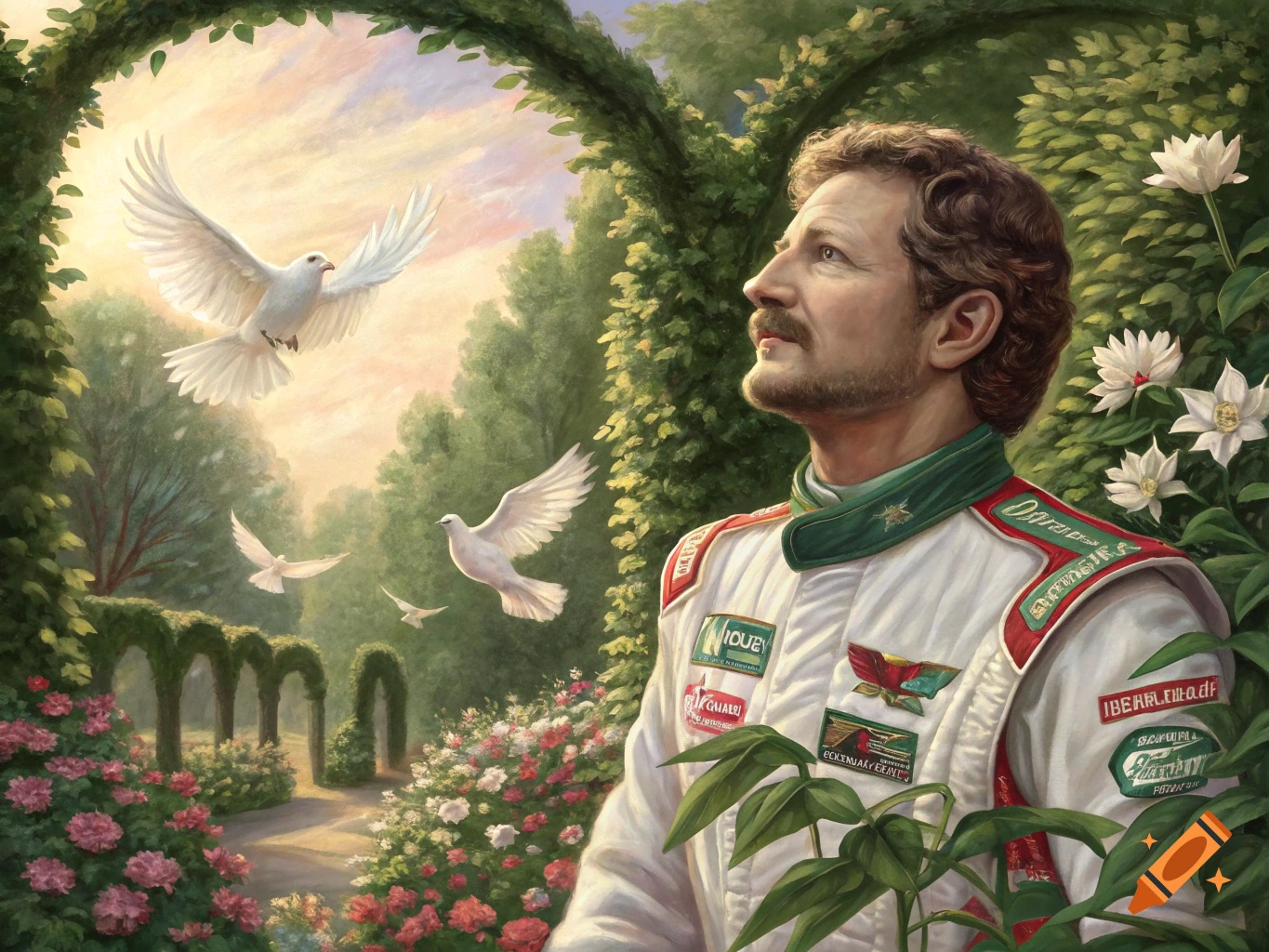 A renaissance-style portrait of Dale Earnhardt in a lush garden, looking up as doves fly around him.