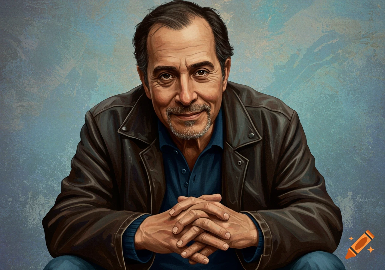 Digital painting of a man with a mustache and beard, wearing a brown leather jacket and blue shirt, looking forward with clasped hands.