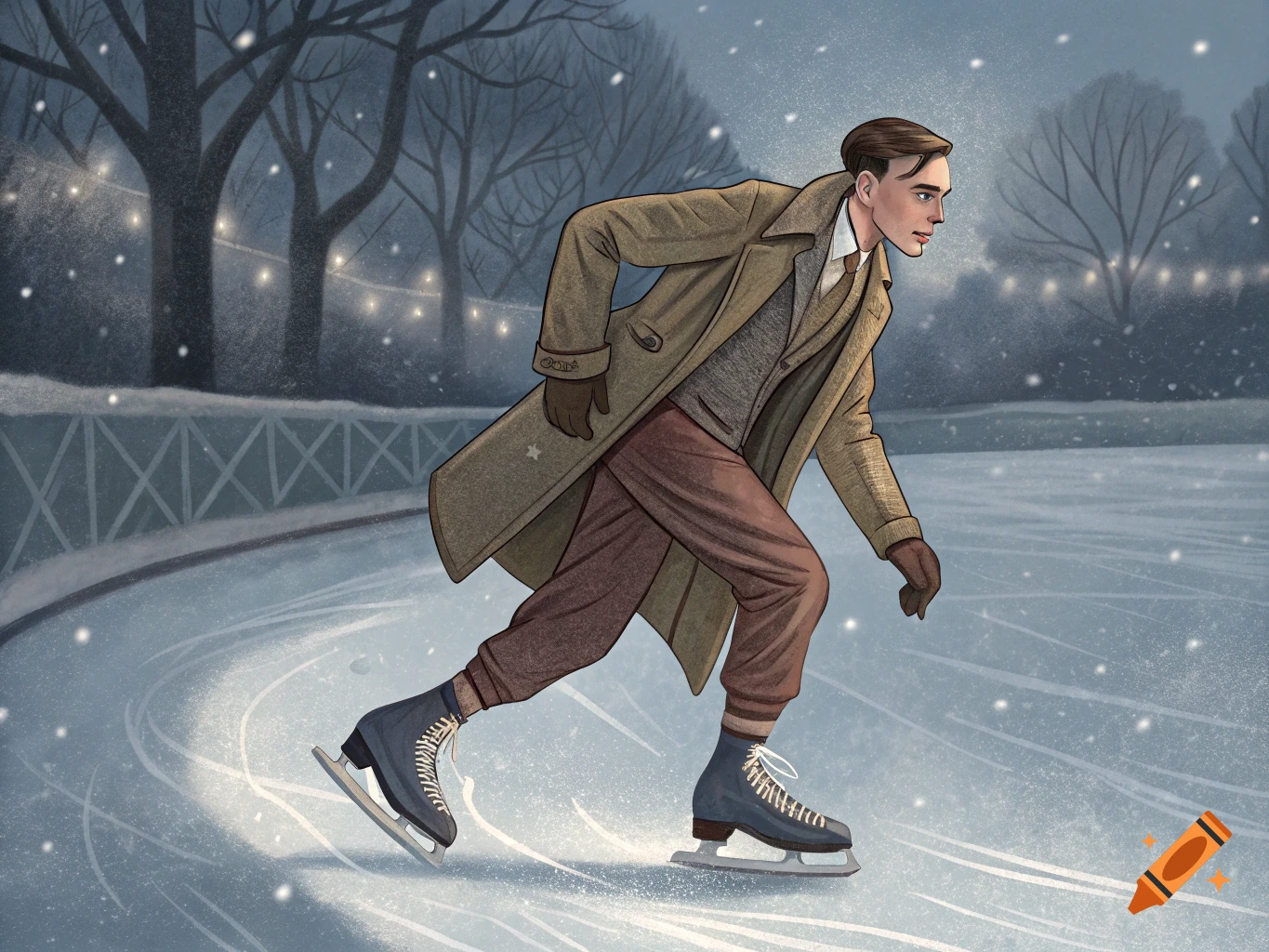 An illustrated man in a brown coat and hat ice skates gracefully on a frozen pond during a snowy winter night, with trees and string lights in the background.