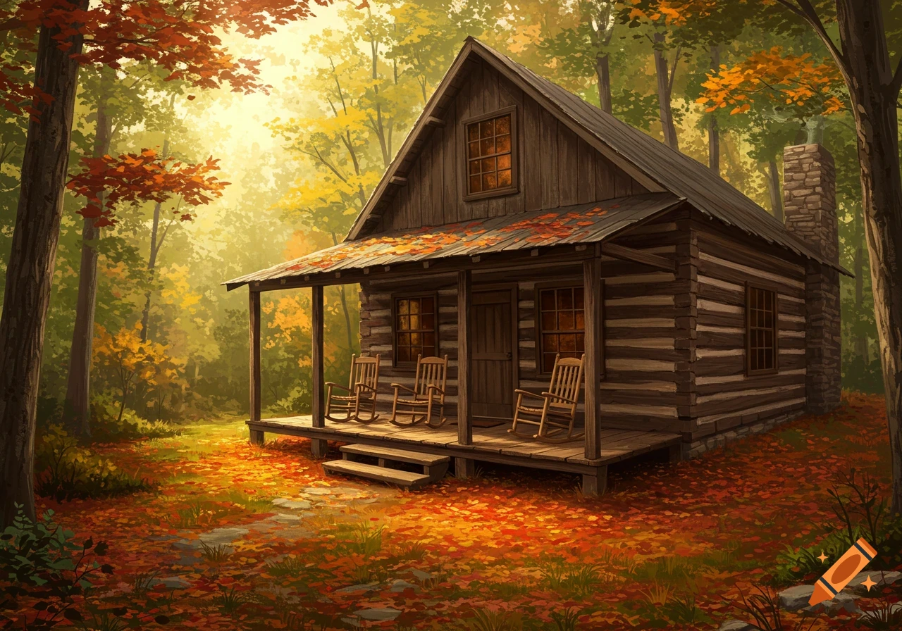 A rustic wooden cabin with a front porch and three rocking chairs, surrounded by autumn trees with colorful leaves covering the ground.