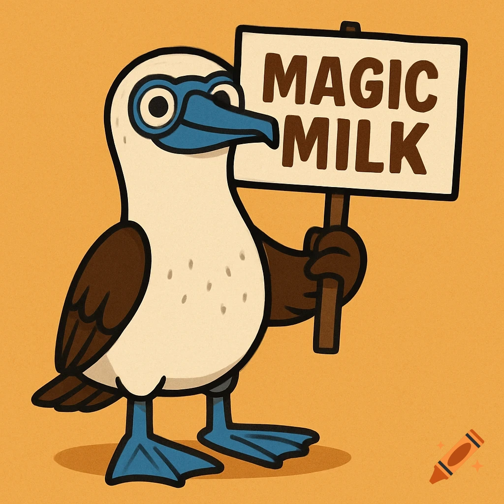 A cartoon blue-footed booby bird holding a sign that reads "MAGIC MILK".