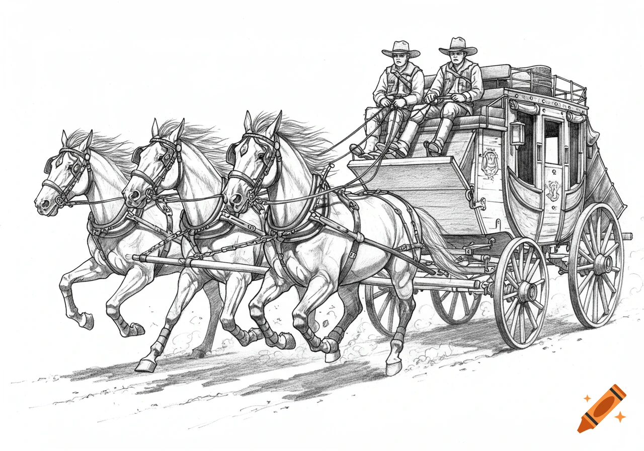 Black pencil drawing of a wild west stagecoach pulled by three horses galloping fast.