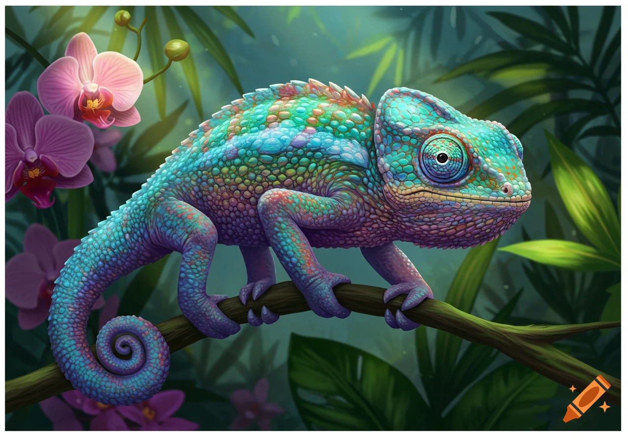 A vibrantly colored chameleon with blue, green, and purple scales sits on a branch, surrounded by pink orchids and lush foliage.