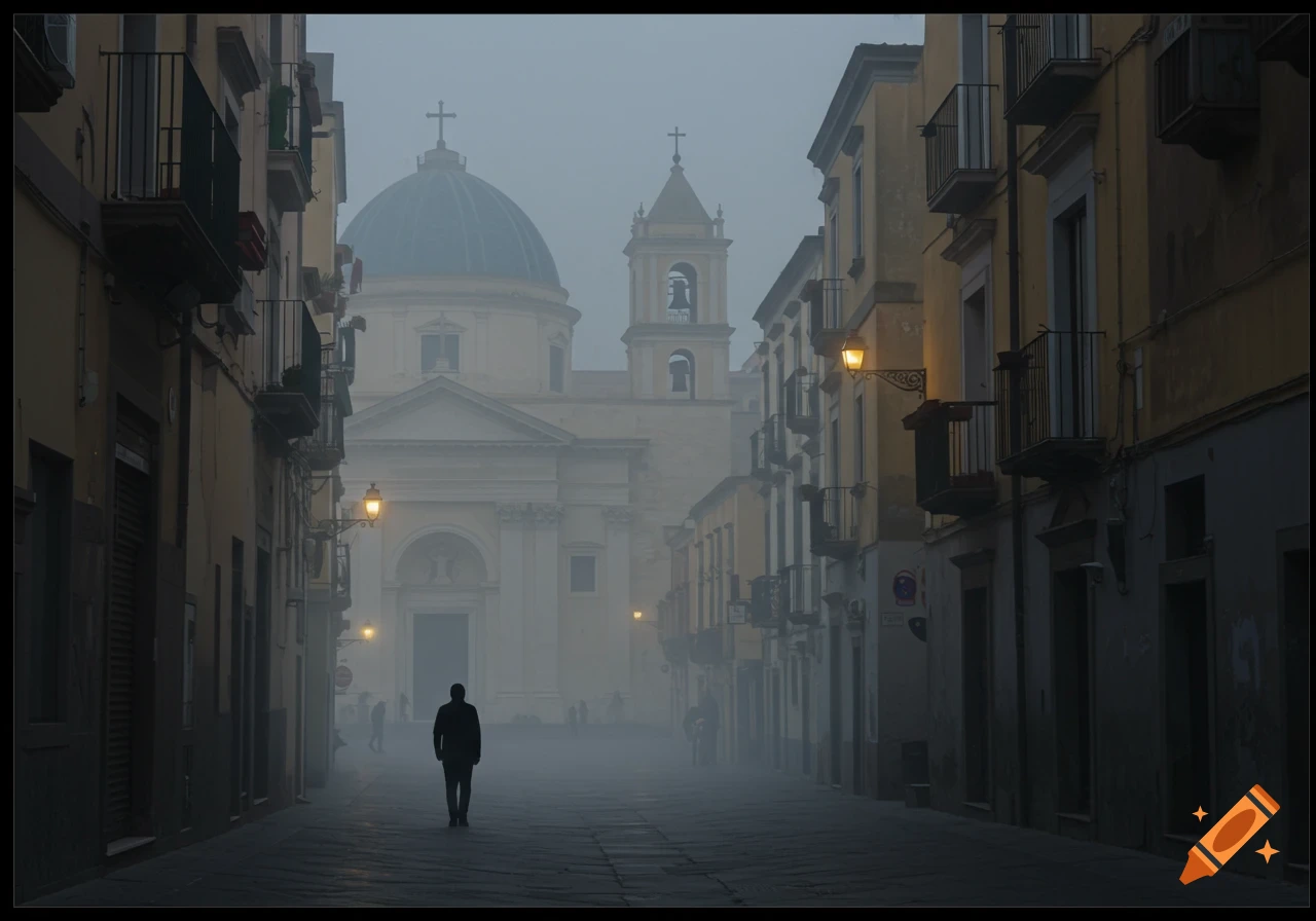 A person walks down a foggy street towards a large church building with a dome and bell tower, flanked by old buildings and glowing streetlights.