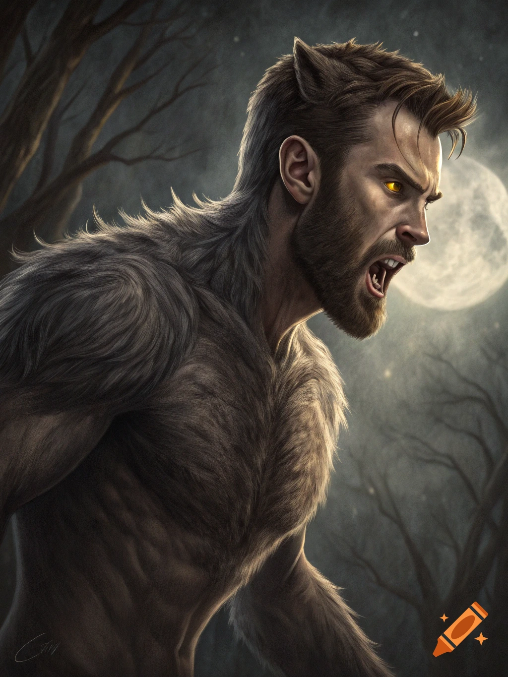 A photorealistic painting of a man transforming into a snarling werewolf with fur and yellow eyes, under a full moon in a dark forest.