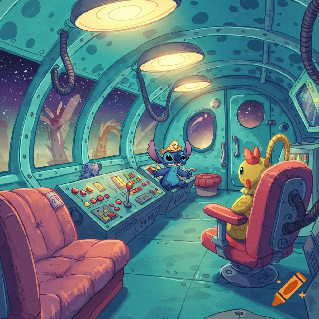 Cartoon illustration of Stitch in a spaceship cockpit with a yellow bird-like creature, controlling a panel.
