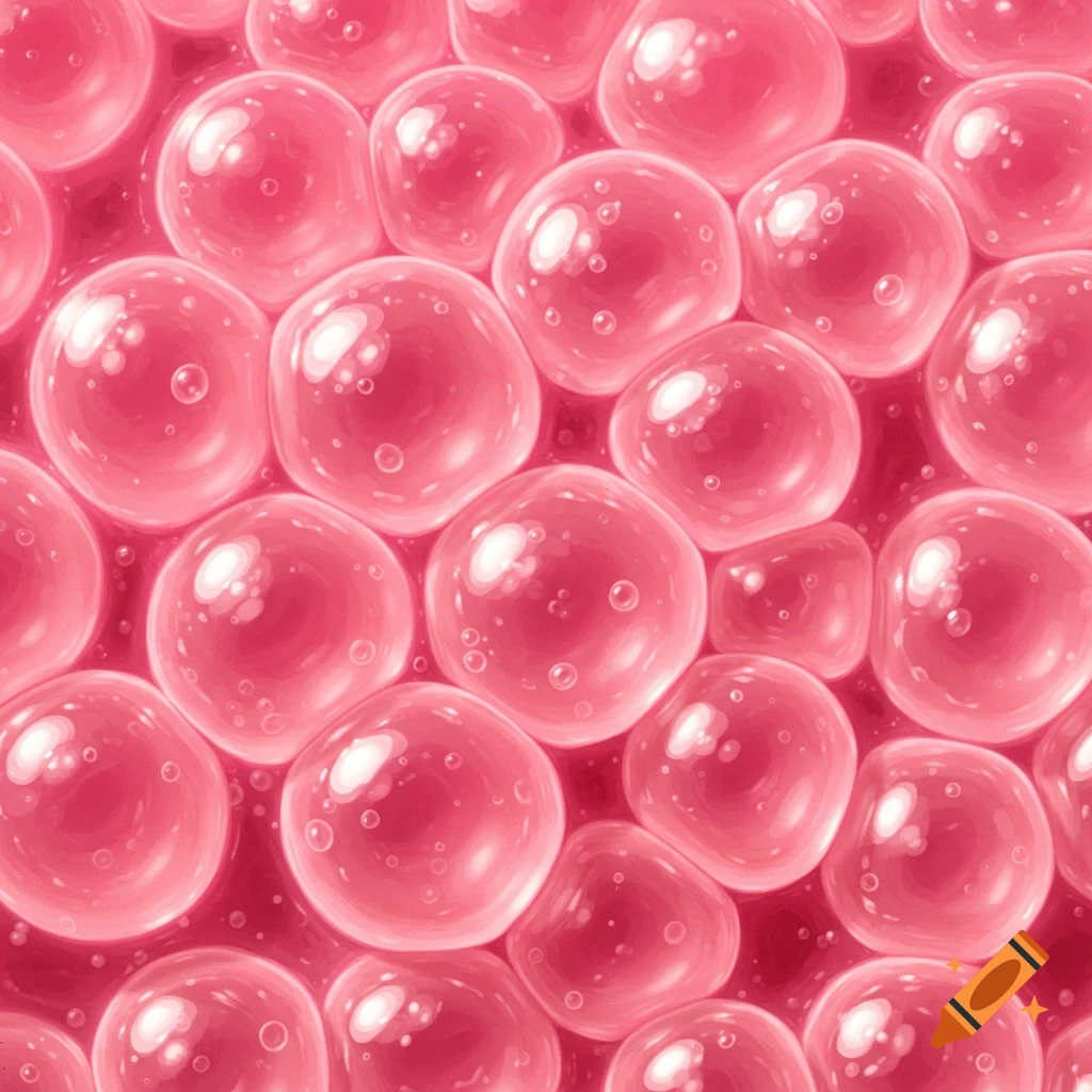 Close-up of pink, translucent bubbles creating a textured surface, resembling bubblegum or jelly.