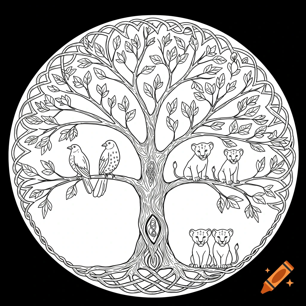 Black and white line art of a Celtic tree of life with two birds on a left branch and four lion cubs on right branches.