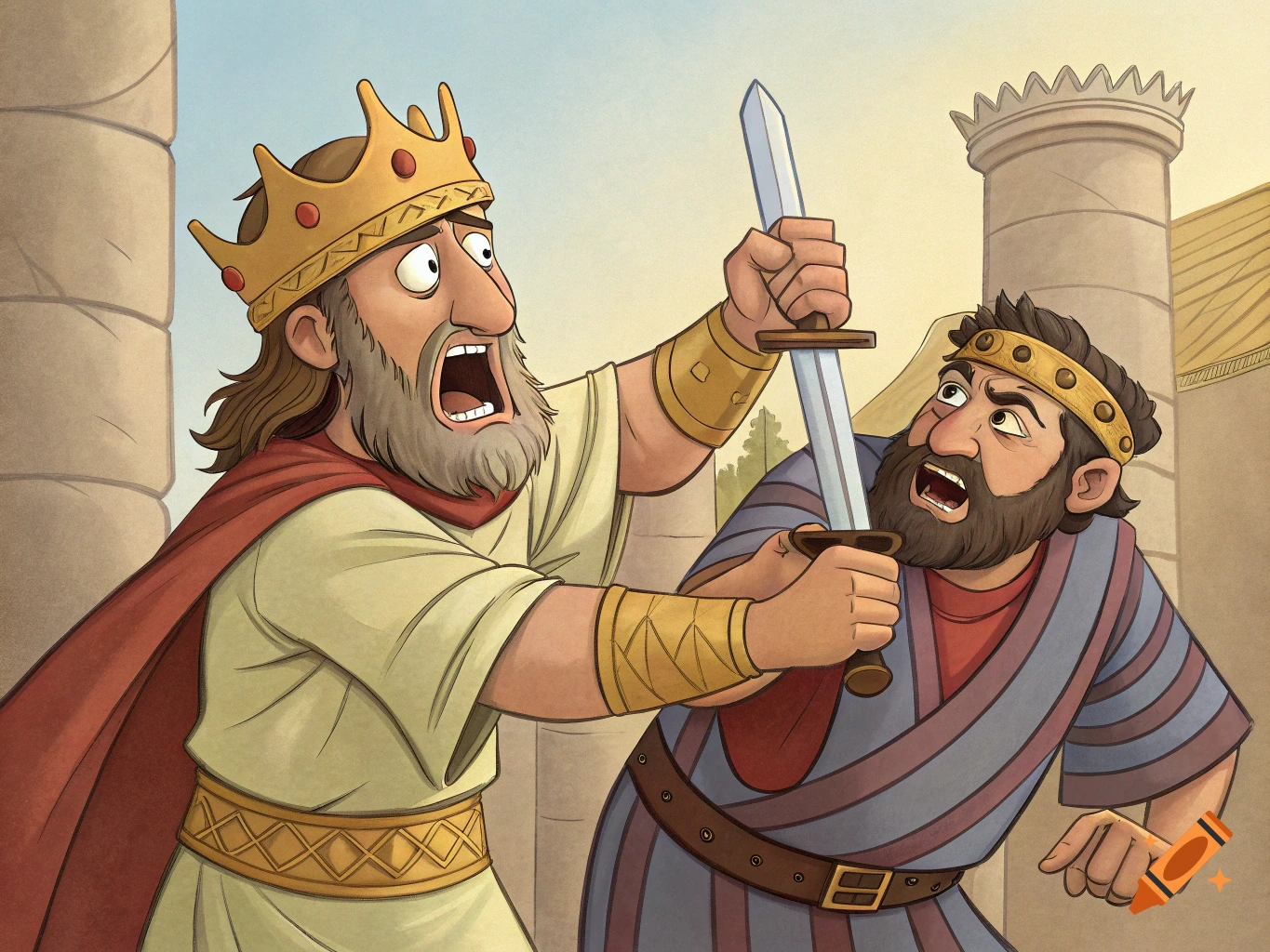 Cartoon of a startled king in a crown and cape holding a sword over another frightened man, in a historical or biblical setting.