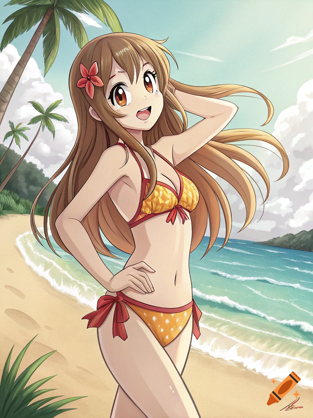 Anime girl in a yellow and red bikini smiling and posing on a sunny beach with palm trees and ocean.