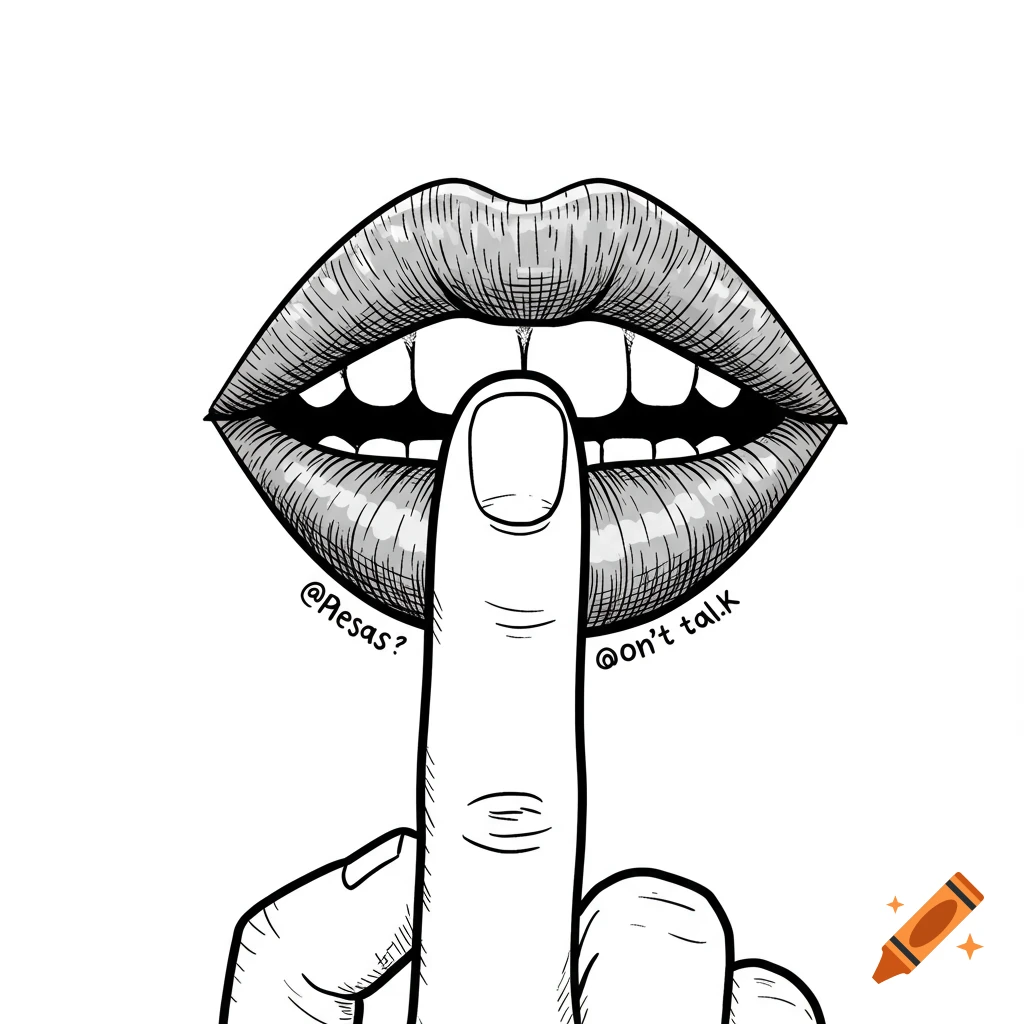 Black and white line drawing of lips with an index finger pressed vertically against them in a "shhh" gesture.
