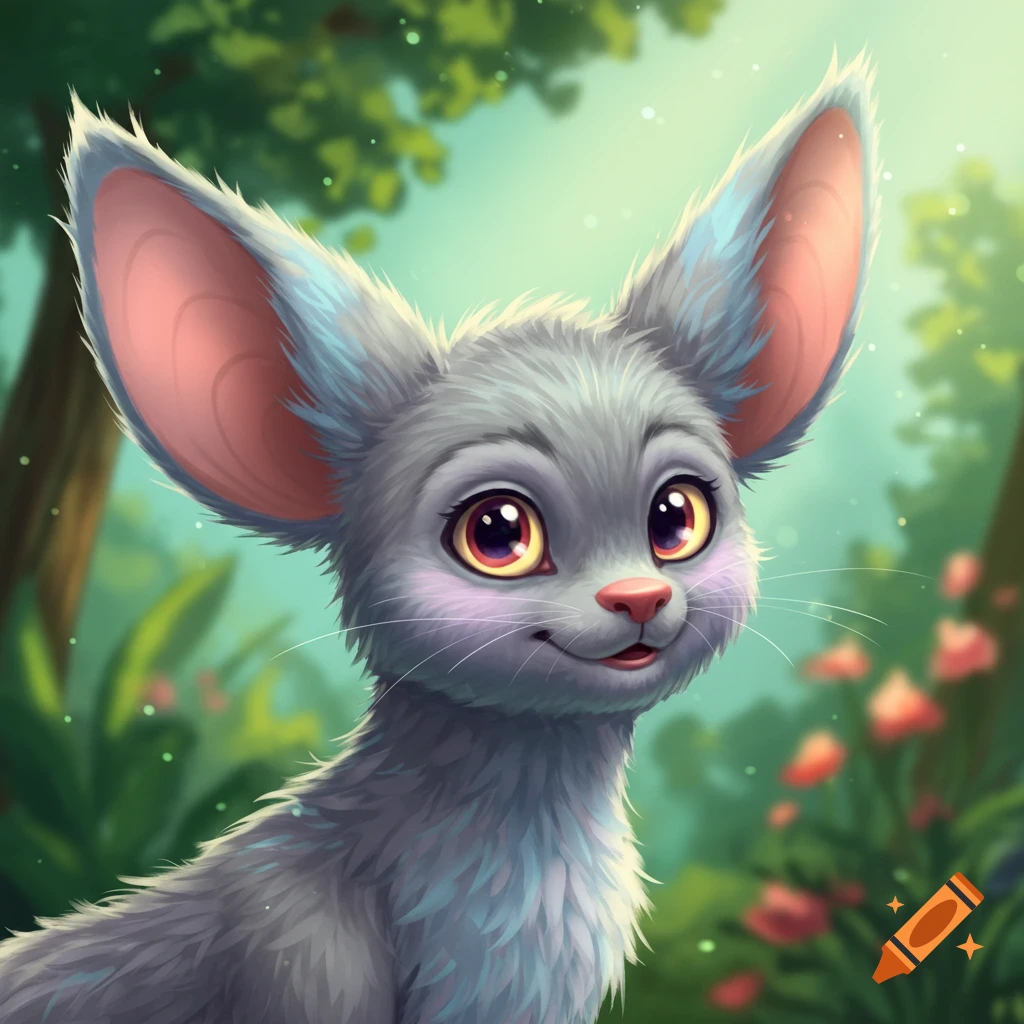 Cute grey fantasy creature with large ears and big shiny eyes in a lush green forest, cartoon style.