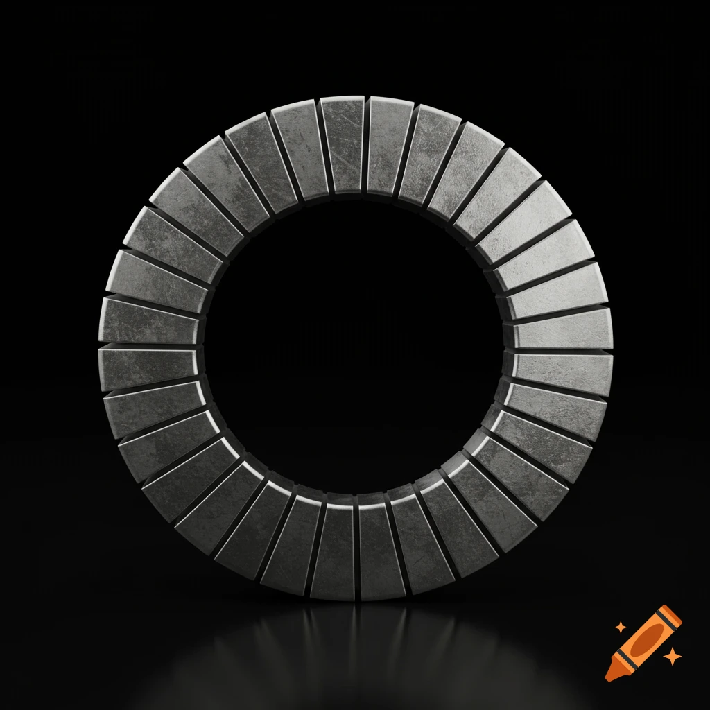 A 3D render of a metallic ring composed of numerous segmented blocks, set against a dark background with a subtle reflection.