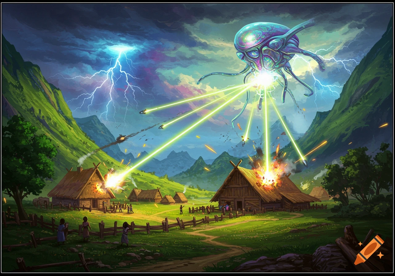 A vibrant fantasy illustration of a large alien creature in the sky shooting green lasers at a village in a green valley, with lightning.