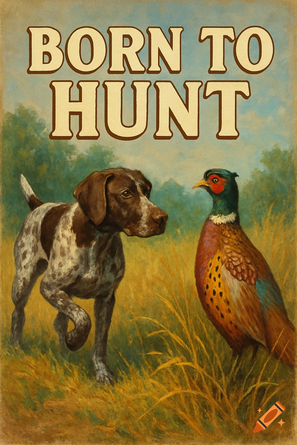 A vintage-style painting of a German Shorthaired Pointer dog looking at a pheasant in tall grass, with the text 'BORN TO HUNT'.