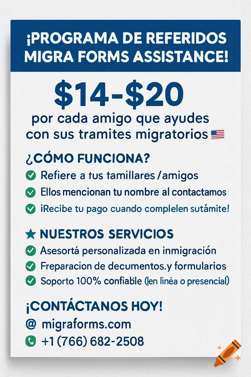 A white and blue promotional flyer for "MIGRA FORMS ASSISTANCE" offering $14-$20 for referrals, detailing services, and providing contact information.