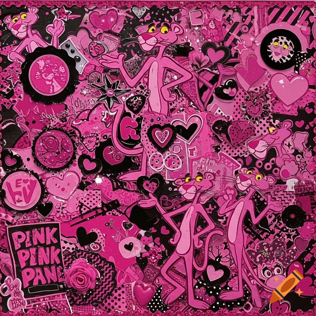 A vibrant pink and black collage featuring multiple Pink Panther characters, hearts, and various patterns, resembling a crowded bulletin board.