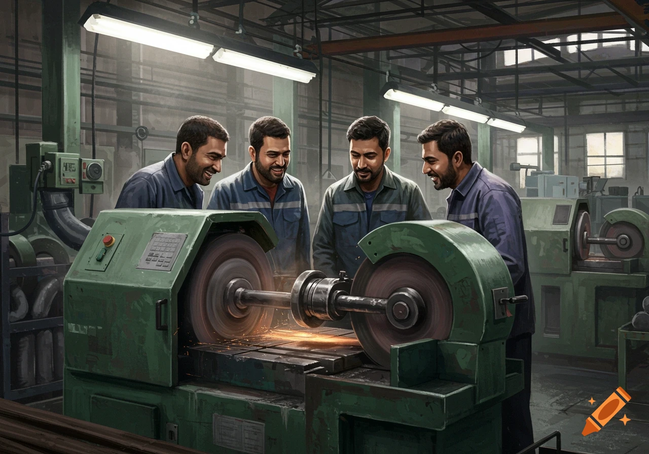 Four men in a factory observe a grinding machine producing sparks.