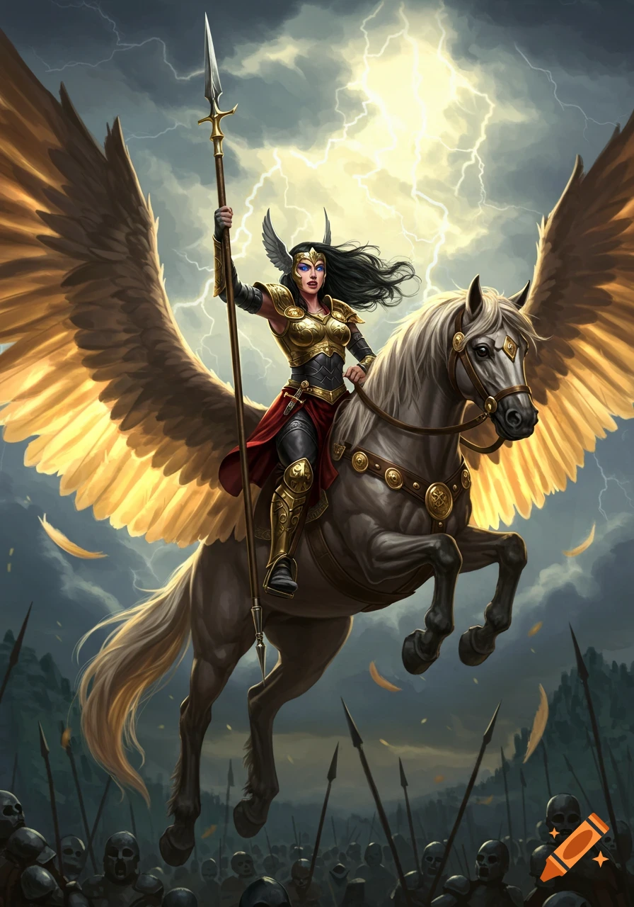 A triumphant Valkyrie warrior with dark hair and blue eyes rides a winged horse through a stormy sky, leading a skeletal army.