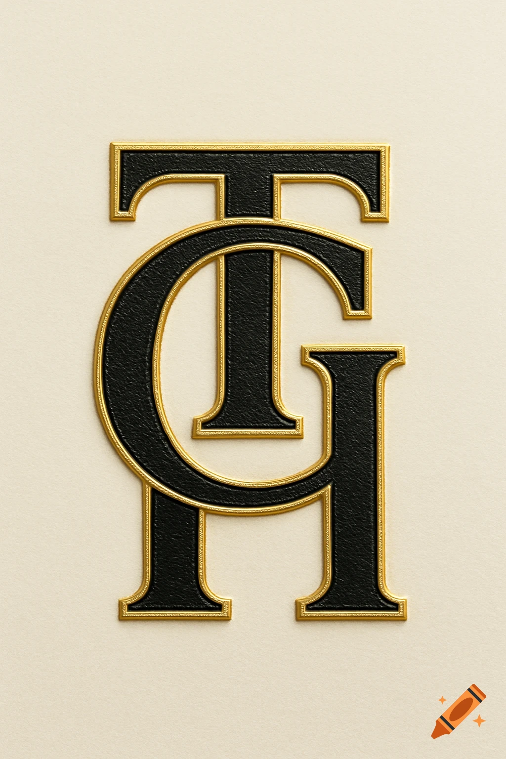 Embossed monogram logo with interlocked capital letters T, G, H in black leather texture with gold outline on cream background.