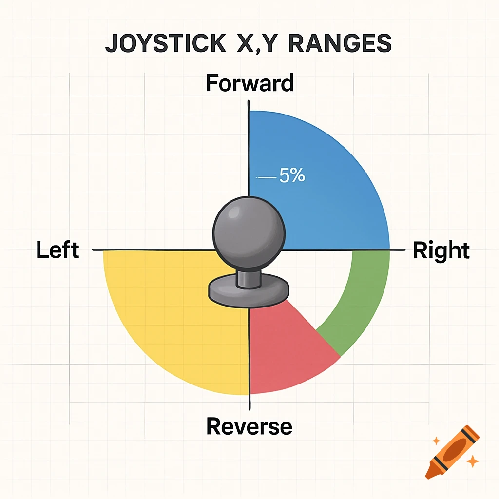 A diagram illustrating joystick X,Y ranges with quadrants for forward, reverse, left, and right directions.