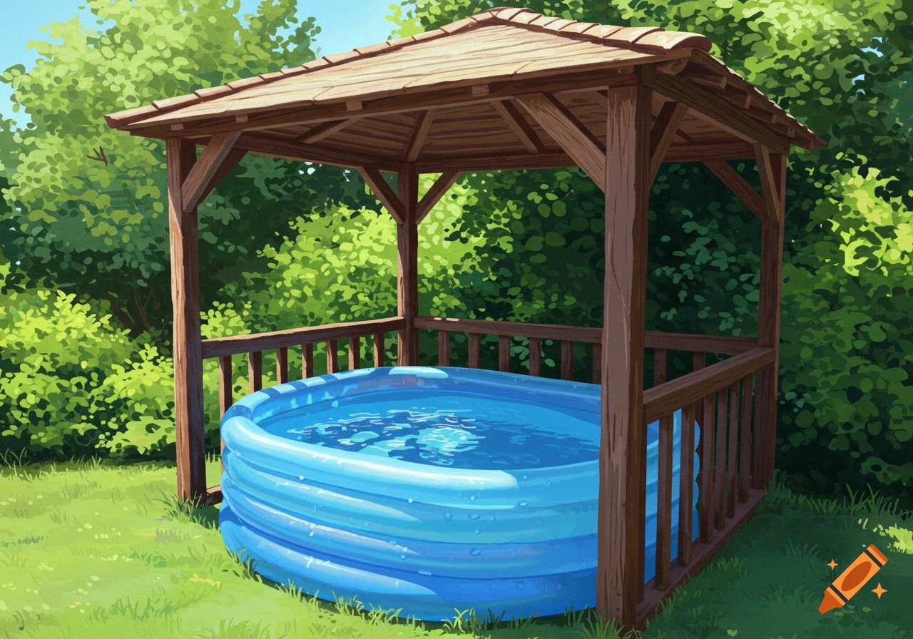 A bright blue inflatable pool sits under a rustic wooden gazebo in a sunny, green backyard with lush trees, in an illustrated style.