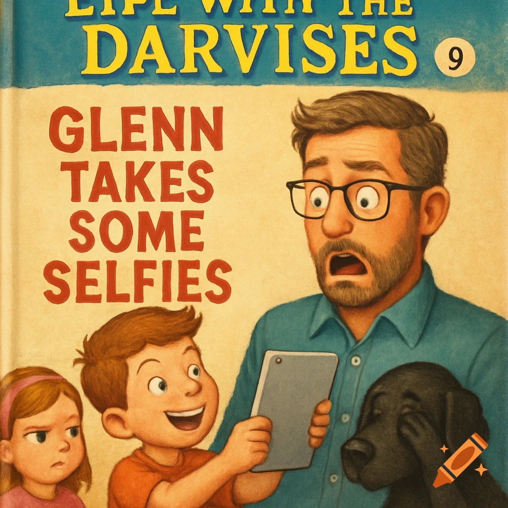 Children's book cover illustration: A boy shows an iPad to his shocked father, while a girl frowns and a black dog covers its eyes. Title: Glenn Takes Some Selfies.